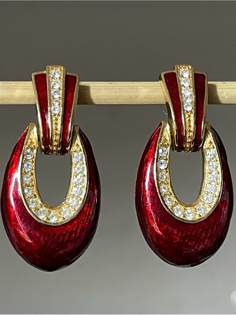 Gold-Tone Red Enamel Crystal Drop Post Earrings